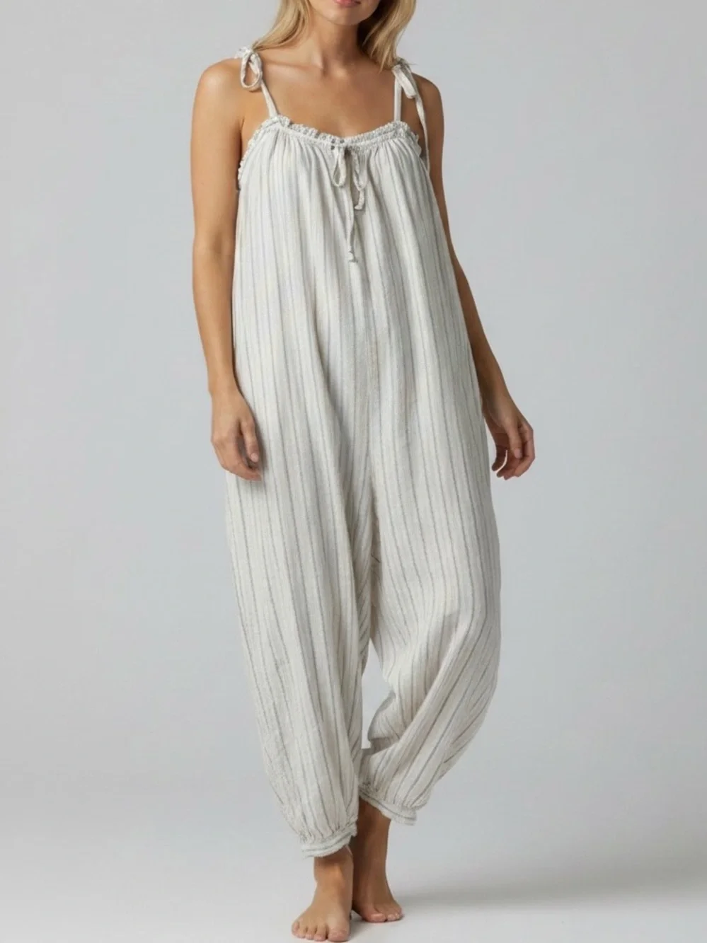 Free People Intimately Harem Stripe Linen Cotton Jumpsuit‎
